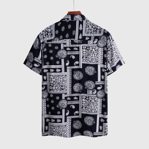 Turn-down Collar woven short sleeve coconut palm printed men casual ...